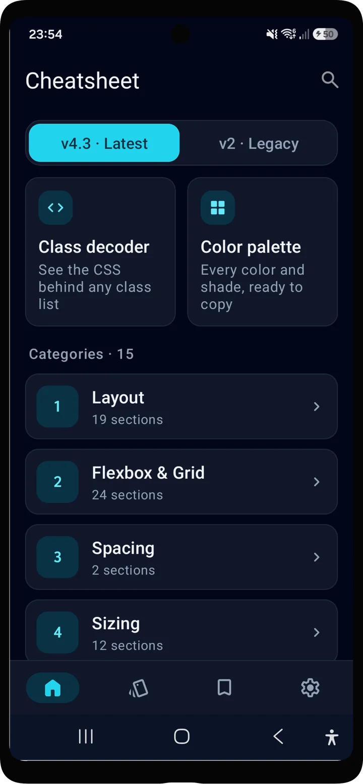 Screenshot of Cheat Sheet for Tailwind CSS